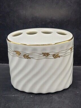 Vintage White Porcelain Toothbrush Holder 4 Slot Gold Leaf Swirl Japan MCM
